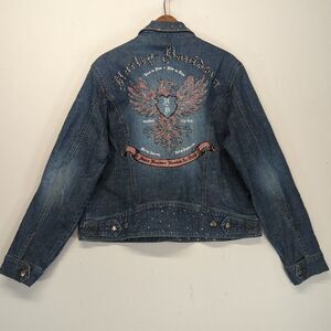 Harley Davidson Womens XL Denim Jacket Pink Embroidered Studded Biker Blue
